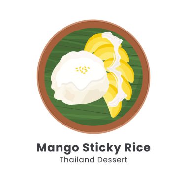 Mango Yapışkan Pirinç 'in el çizimi vektör çizimi. Lezzetli olgun mango ve hindistan cevizi sütüyle yapış yapış pirinç, orkidelerle süslenmiş kızarmış yeşil fasulye, muz yaprağında pandan yaprağı.. 