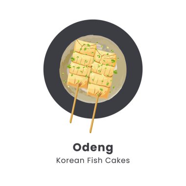 El yapımı vektör çizimi: Koreli balık köftesi çorbası odeng veya eomuk. 