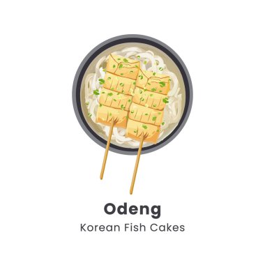 El yapımı vektör çizimi: Koreli balık köftesi çorbası odeng veya eomuk. 