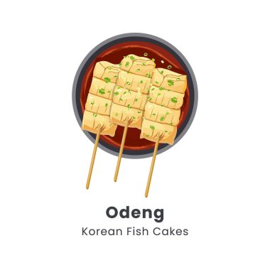 El yapımı vektör çizimi: Koreli balık köftesi çorbası odeng veya eomuk. 