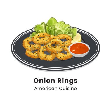 Tabakta soslu soğan halkalarının el çizimi illüstrasyonu