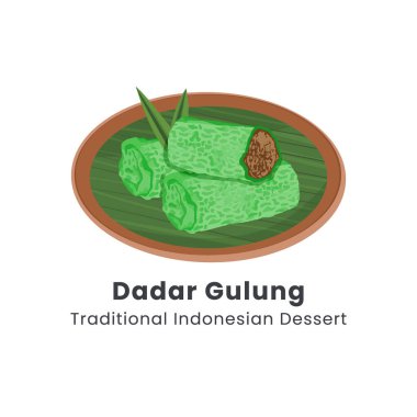 Hindistan cevizli rendelenmiş hindistancevizi ve palmiye şekeriyle karıştırılmış el yapımı Dadar Gulung veya Rolled Endonezya pirinç keki çizimi
