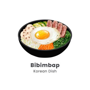 Bibimbap veya Kore Karışık Pirinç Kasesi 'nin el yapımı vektör çizimi
