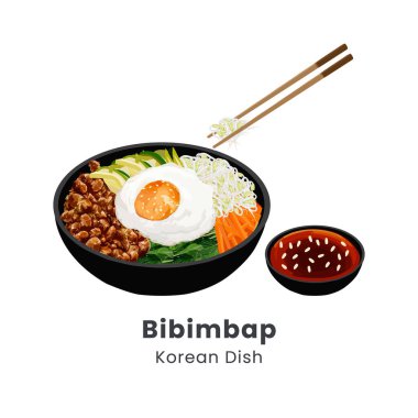 Bibimbap veya Kore Karışık Pirinç Kasesi 'nin el yapımı vektör çizimi
