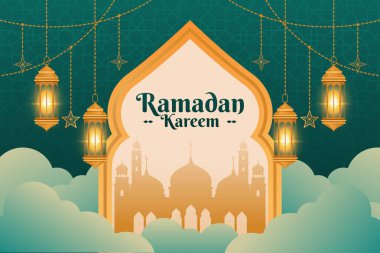 Ramadan kareem islamic greetings design template background with beautiful lanterns and mosque