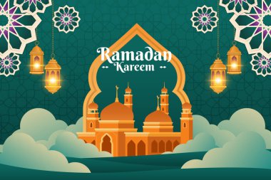 Ramadan kareem islamic greetings design template background with beautiful lanterns and mosque