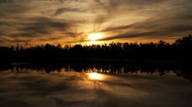Altın renkli bir göl güneş batmadan dakikalar önce parlar, bitki örtüsünü ve sudaki yumuşak dalgaları yansıtır. Sıcaklık ve doğal güzelliklerle dolu sakin, atmosferik bir sahne..
