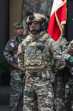 Bağımsızlık Günü onuruna düzenlenen geçit töreninin provası sırasında Gürcistan Savunma Kuvvetleri 'nin özel kuvvetleri. 05 / 25 / 2023 Tiflis, Gürcistan