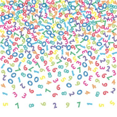 Renkli çizim numaraları düşüyor. Uçan parmaklarla matematik çalışma konsepti. Beyaz arkaplandaki matematik afişlerinde nadir görülür. Düşen sayılar vektör illüstrasyonu.