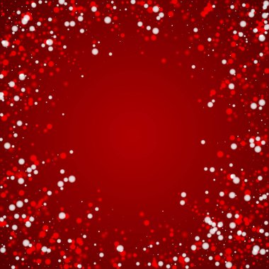 Güzel kar yağışı arkaplanı. İnce uçan kar taneleri ve kırmızı arka plandaki yıldızlar. Güzel kar yağışı şablonu. Kare vektör illüstrasyonu.