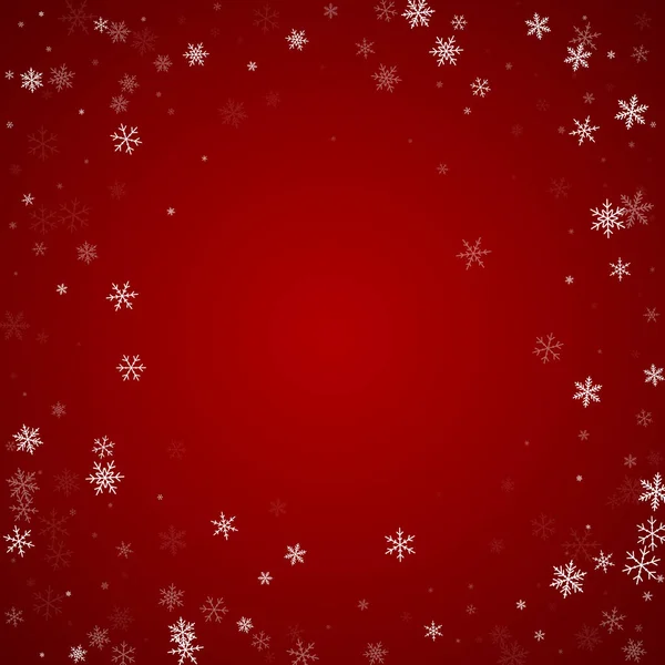 Χιονισμένο Χριστουγεννιάτικο Φόντο Λεπτές Νιφάδες Χιονιού Και Αστέρια Κόκκινο Φόντο — Διανυσματικό Αρχείο