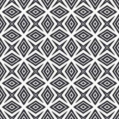 Egzotik, pürüzsüz desen. Siyah simetrik kaleydoskop. Yaz mayosu, egzotik, pürüzsüz tasarım. Eşsiz baskıya hazır tekstil, mayo kumaş, duvar kağıdı, ambalaj..