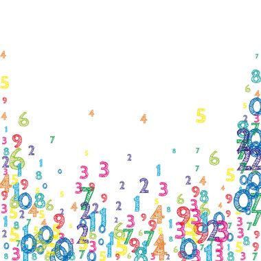 Renkli ve düzenli sayılar düşüyor. Uçan parmaklarla matematik çalışma konsepti. Beyaz arka planda okulun matematik afişi olağanüstüydü. Düşen sayılar vektör illüstrasyonu.
