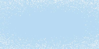Karlı bir Noel geçmişi var. Hafif uçan kar taneleri ve açık mavi kış arka planındaki yıldızlar. Narin, tatlı, karlı bir Noel. Geniş vektör illüstrasyonu.