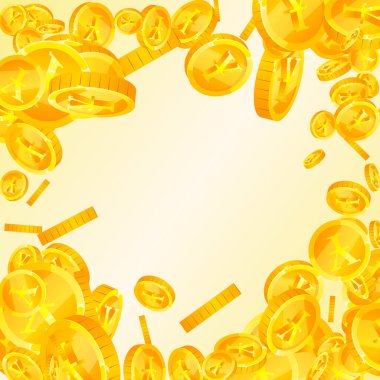 Japanese yen coins falling. Scattered gold JPY coins. Japan money. Jackpot wealth or success concept. Square vector illustration.