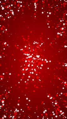 Yılbaşı arkaplanında kar taneleri yağıyor. İnce uçan kar taneleri ve kırmızı arka plandaki yıldızlar. Çok güzel düşen kar taneleri. Dikey vektör illüstrasyonu.