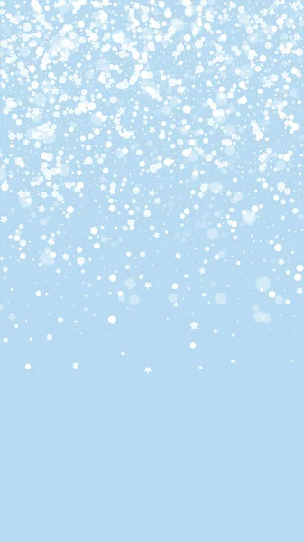 Śnieżne Tło Świąteczne Subtelne Latające Płatki Śniegu Gwiazdy Jasnoniebieskim Tle — Wektor stockowy