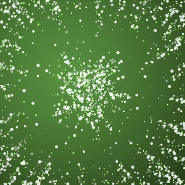 美丽的降雪圣诞节背景 淡淡的飘扬的雪花和圣诞绿色背景上的星星 美丽的降雪覆盖模板 正方形矢量说明 — 图库矢量图片