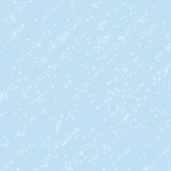 Snöig Jul Bakgrund Subtila Flygande Snöflingor Och Stjärnor Ljusblå Vinterbakgrund — Stock vektor