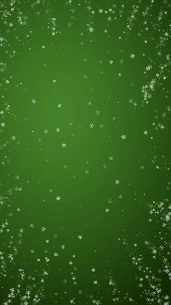 白雪公主的背景 淡淡的飘扬的雪花和圣诞绿色背景上的星星 精美的甜蜜雪白的圣诞节 垂直矢量说明 — 图库矢量图片