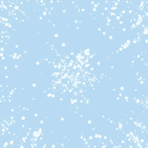Snöig Jul Bakgrund Subtila Flygande Snöflingor Och Stjärnor Ljusblå Vinterbakgrund — Stock vektor