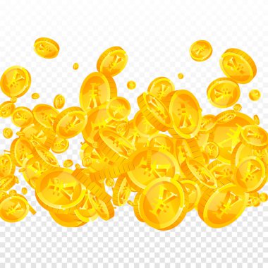 Chinese yuan coins falling. Scattered gold CNY coins. China money. Jackpot wealth or success concept. Square vector illustration.