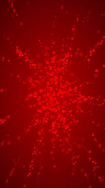 Sihirli kar yağışı arkaplanı. İnce uçan kar taneleri ve kırmızı arka plandaki yıldızlar. Sihirli yağan kar tatili manzarası. Dikey vektör illüstrasyonu.