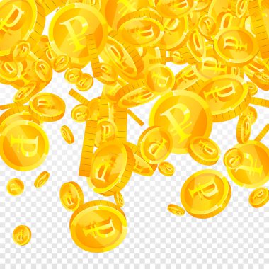 Russian ruble coins falling. Scattered gold RUB coins. Russia money. Jackpot wealth or success concept. Square vector illustration.