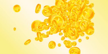 Japon sikkeleri düşüyor. Dağınık altın JPY paralar. Japonya parası. Büyük ikramiye ya da başarı konsepti. Geniş vektör illüstrasyonu.