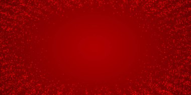 Karlı bir Noel geçmişi var. İnce uçan kar taneleri ve kırmızı arka plandaki yıldızlar. Narin, tatlı, karlı bir Noel. Geniş vektör illüstrasyonu.