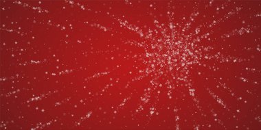 Yılbaşı arkaplanında kar taneleri yağıyor. İnce uçan kar taneleri ve kırmızı arka plandaki yıldızlar. Çok güzel düşen kar taneleri. Geniş vektör illüstrasyonu.
