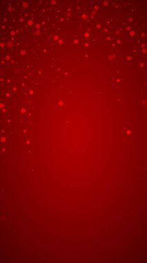 Sihirli kar yağışı arkaplanı. İnce uçan kar taneleri ve kırmızı arka plandaki yıldızlar. Sihirli yağan kar tatili manzarası. Dikey vektör illüstrasyonu.