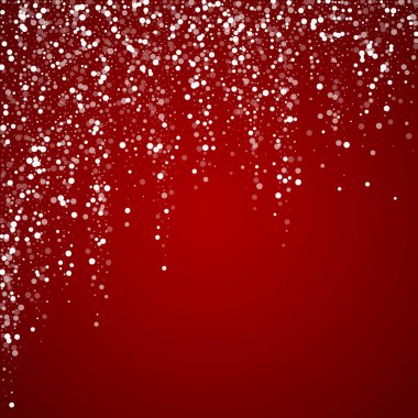 Yılbaşı arka planında kar yağışı var. İnce uçan kar taneleri ve kırmızı arka plandaki yıldızlar. Karlı bayram örtüsü. Kare vektör illüstrasyonu.