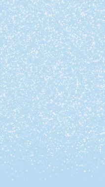 Güzel kar yağışı arkaplanı. Hafif uçan kar taneleri ve açık mavi kış arka planındaki yıldızlar. Güzel kar yağışı şablonu. Dikey vektör illüstrasyonu.