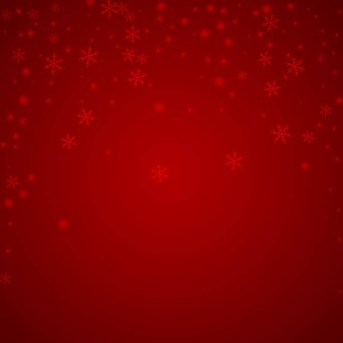 Karlı bir Noel geçmişi var. İnce uçan kar taneleri ve kırmızı arka plandaki yıldızlar. Narin, tatlı, karlı bir Noel. Kare vektör illüstrasyonu.