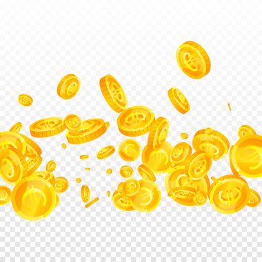 European Union Euro coins falling. Scattered gold EUR coins. Europe money. Great business success concept. Square vector illustration.