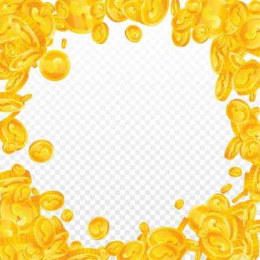 American dollar coins falling. Scattered gold USD coins. USA money. Global financial crisis concept. Square vector illustration.
