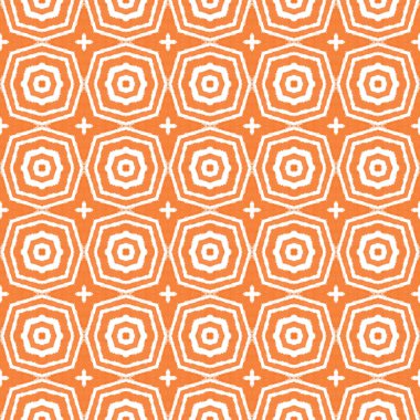 Sembol çizgileri tasarımı. Turuncu simetrik kaleydoskop arka planı. Geometrik simge çizgileri deseni. Tekstil hazır muhteşem baskı, mayo kumaş, duvar kağıdı, ambalaj..