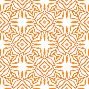 Tekstil hazır, sulu baskı, mayo kumaş, duvar kağıdı, ambalaj. Turuncu simetrik boho şık yaz tasarımı. Organik fayans. Moda organik yeşil kenar.