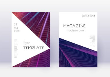 Triangle cover design template set. Violet abstract lines on dark background. Indelible cover design. Sublime catalog, poster, book template etc. clipart