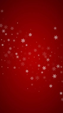 Yılbaşı arka planında kar yağışı var. İnce uçan kar taneleri ve kırmızı arka plandaki yıldızlar. Karlı bayram örtüsü. Dikey vektör illüstrasyonu.