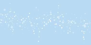 Yılbaşı arkaplanında kar taneleri yağıyor. Hafif uçan kar taneleri ve açık mavi kış arka planındaki yıldızlar. Çok güzel düşen kar taneleri. Geniş vektör illüstrasyonu.