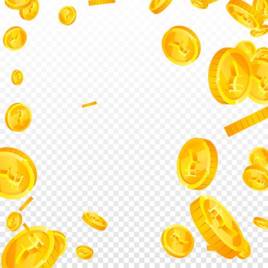 Indian rupee coins falling. Scattered gold INR coins. India money. Global financial crisis concept. Square vector illustration.