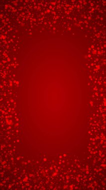 Yılbaşı arka planında kar yağışı var. İnce uçan kar taneleri ve kırmızı arka plandaki yıldızlar. Karlı bayram örtüsü. Dikey vektör illüstrasyonu.