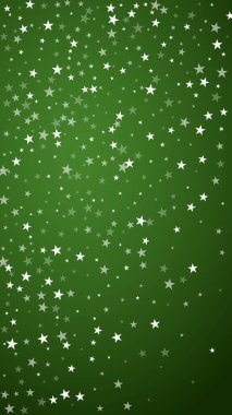 Güzel kar yağışı arkaplanı. İnce uçan kar taneleri ve yeşil arka plandaki yıldızlar. Güzel kar yağışı şablonu. Dikey vektör illüstrasyonu.