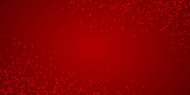 Sihirli kar yağışı arkaplanı. İnce uçan kar taneleri ve kırmızı arka plandaki yıldızlar. Sihirli yağan kar tatili manzarası. Geniş vektör illüstrasyonu.