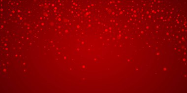 Yılbaşı arka planında kar yağışı var. İnce uçan kar taneleri ve kırmızı arka plandaki yıldızlar. Karlı bayram örtüsü. Geniş vektör illüstrasyonu.