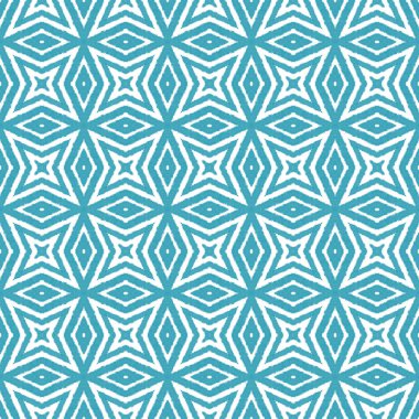 Sembol çizgileri tasarımı. Turkuaz simetrik kaleydoskop arka planı. Tekstil hazır harika baskı, mayo kumaş, duvar kağıdı, ambalaj. Geometrik sembol çizgileri deseni.