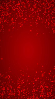 Sihirli kar yağışı arkaplanı. İnce uçan kar taneleri ve kırmızı arka plandaki yıldızlar. Sihirli yağan kar tatili manzarası. Dikey vektör illüstrasyonu.