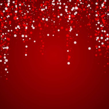 Güzel kar yağışı arkaplanı. İnce uçan kar taneleri ve kırmızı arka plandaki yıldızlar. Güzel kar yağışı şablonu. Kare vektör illüstrasyonu.